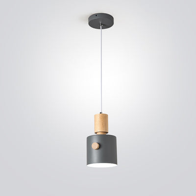 Contemporary Scandinavian Macaron Round Cylinder Iron Wood 1-Light Pendant Light For Bedroom