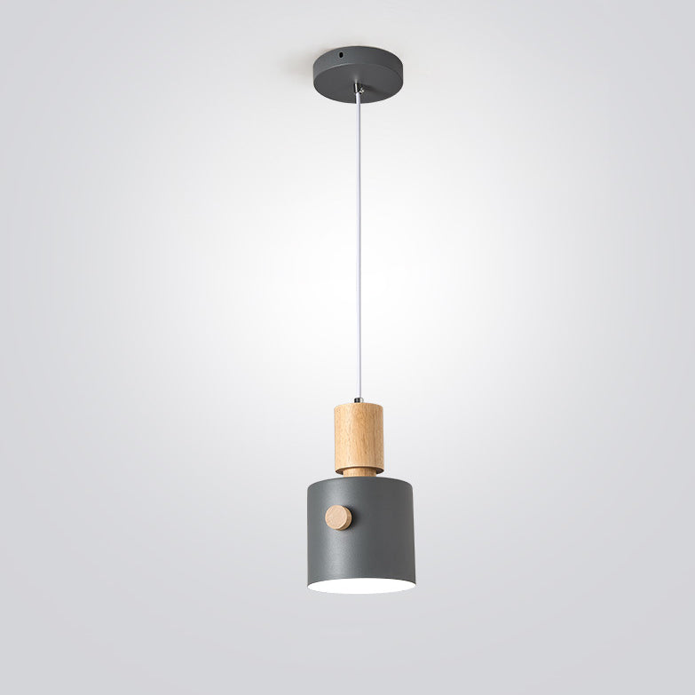 Contemporary Scandinavian Macaron Round Cylinder Iron Wood 1-Light Pendant Light For Bedroom
