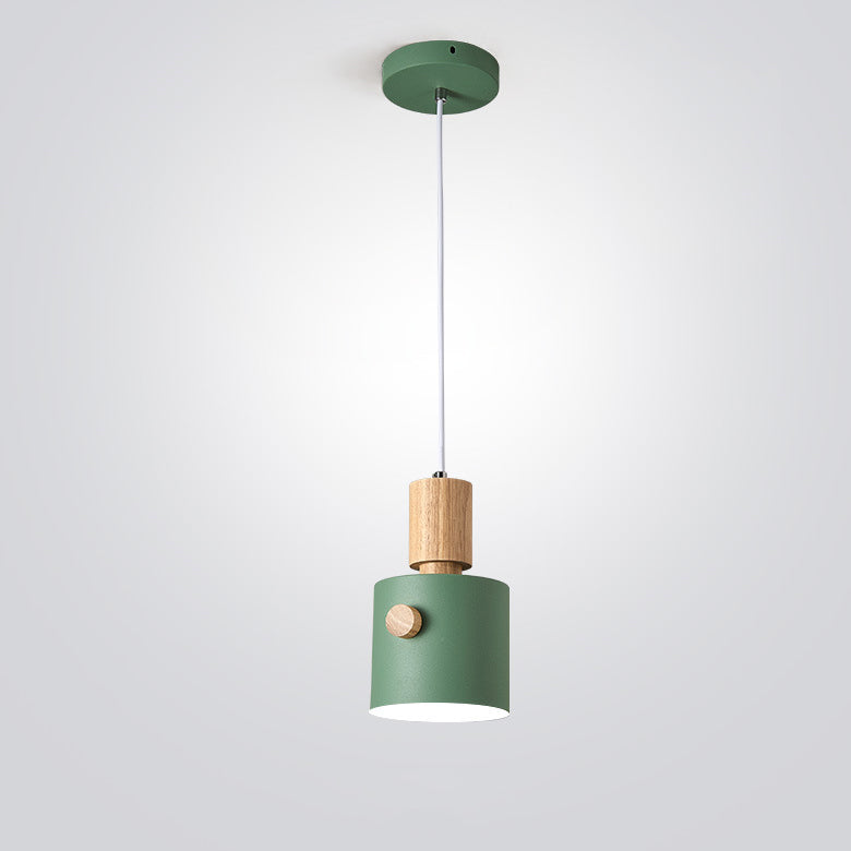 Contemporary Scandinavian Macaron Round Cylinder Iron Wood 1-Light Pendant Light For Bedroom
