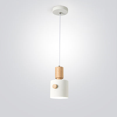 Contemporary Scandinavian Macaron Round Cylinder Iron Wood 1-Light Pendant Light For Bedroom