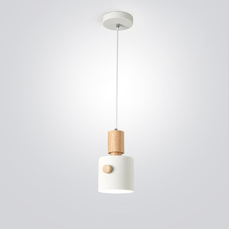 Contemporary Scandinavian Macaron Round Cylinder Iron Wood 1-Light Pendant Light For Bedroom