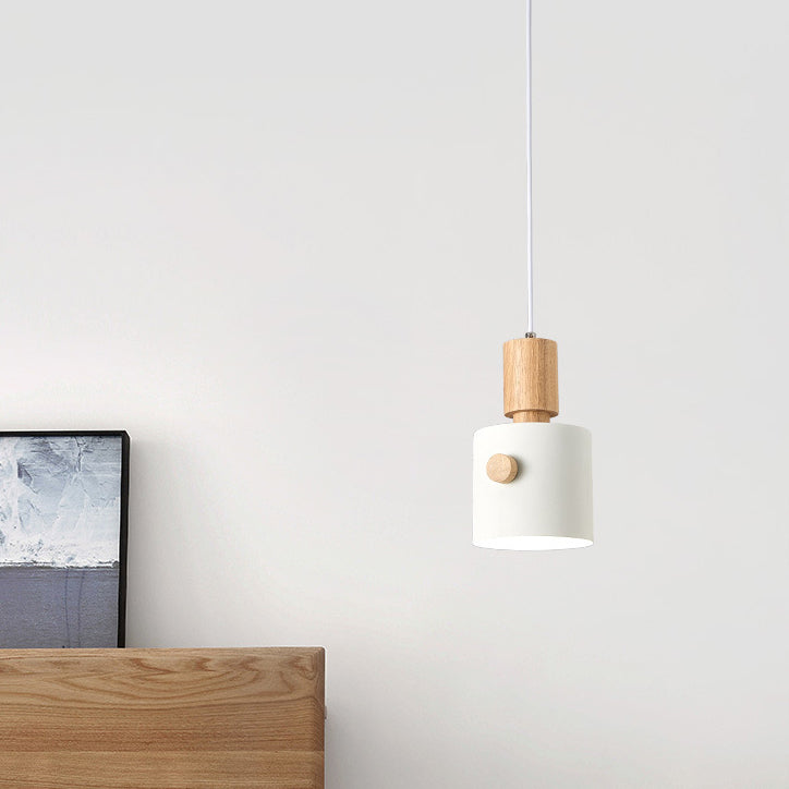 Contemporary Scandinavian Macaron Round Cylinder Iron Wood 1-Light Pendant Light For Bedroom