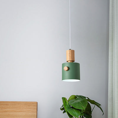 Contemporary Scandinavian Macaron Round Cylinder Iron Wood 1-Light Pendant Light For Bedroom