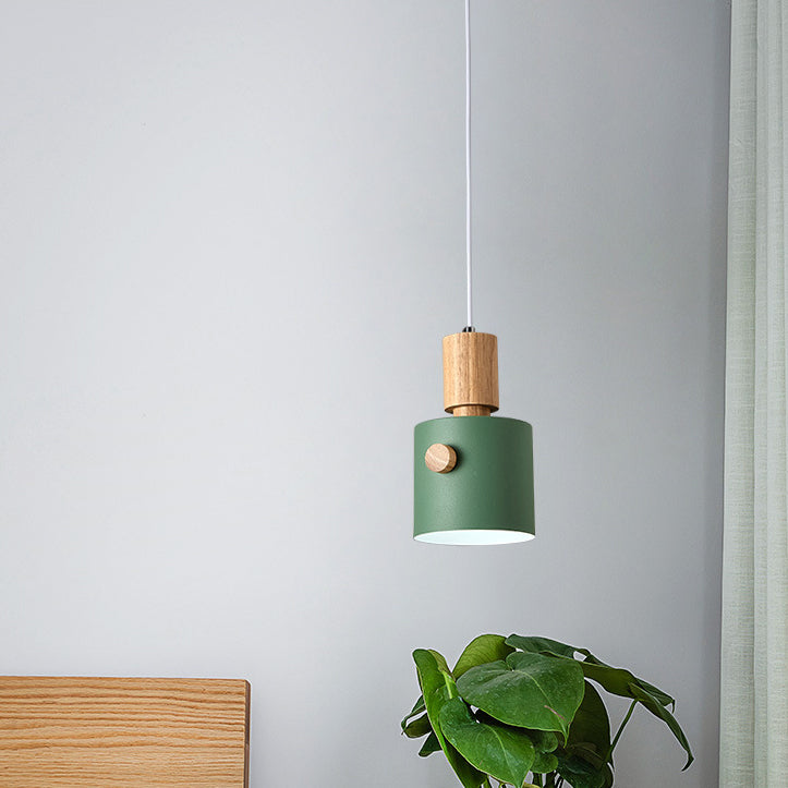 Contemporary Scandinavian Macaron Round Cylinder Iron Wood 1-Light Pendant Light For Bedroom