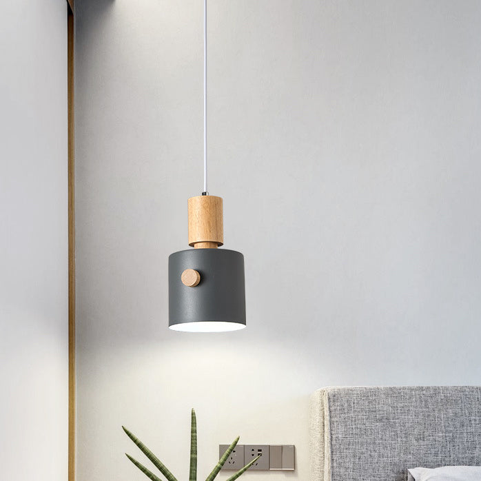 Contemporary Scandinavian Macaron Round Cylinder Iron Wood 1-Light Pendant Light For Bedroom