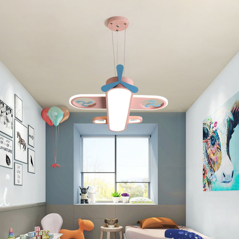 Contemporary Creative Cartoon Kids Airplane Shape Iron Acrylic LED Chandelier For Bedroom