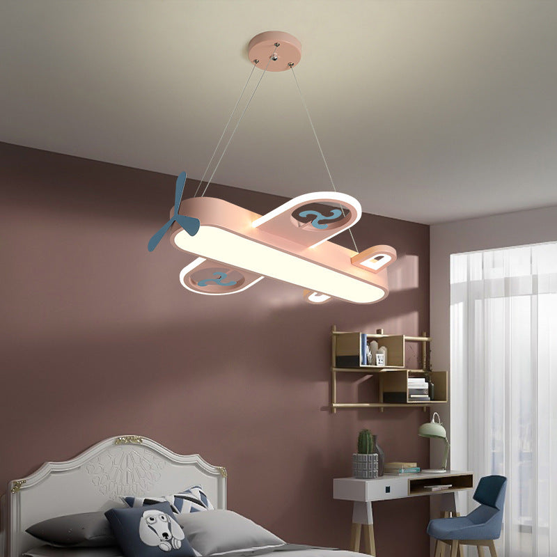 Contemporary Creative Cartoon Kids Airplane Shape Iron Acrylic LED Chandelier For Bedroom