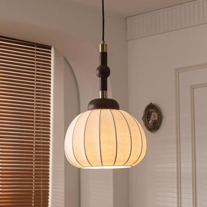 Traditional Vintage Round Oval Ash Wood Silk Aluminum 1-Light Pendant Light For Bedroom