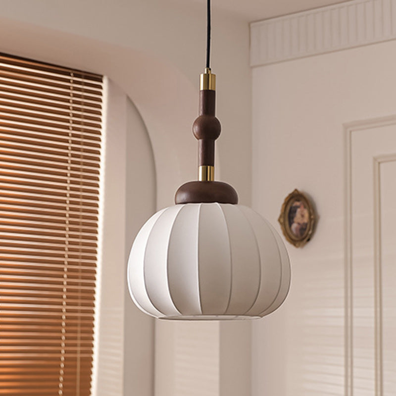 Traditional Vintage Round Oval Ash Wood Silk Aluminum 1-Light Pendant Light For Bedroom