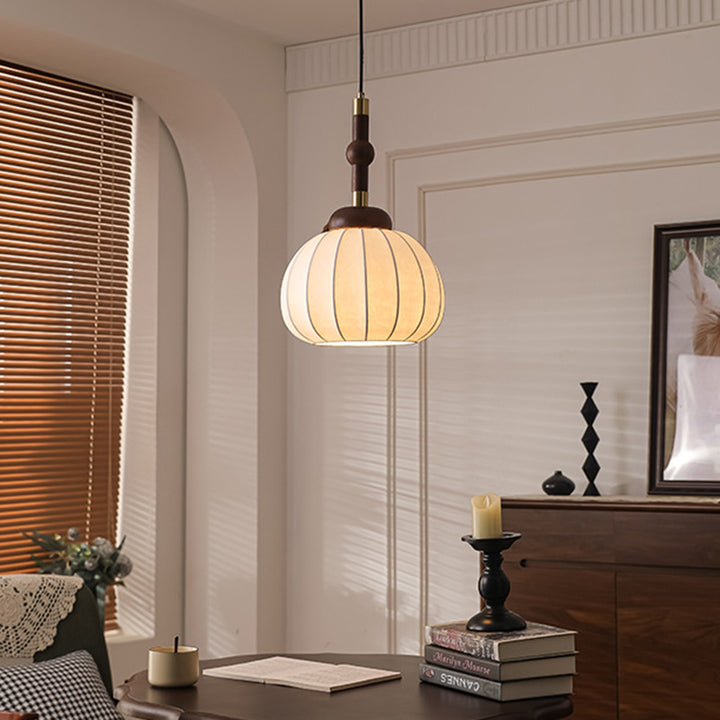Traditional Vintage Round Oval Ash Wood Silk Aluminum 1-Light Pendant Light For Bedroom