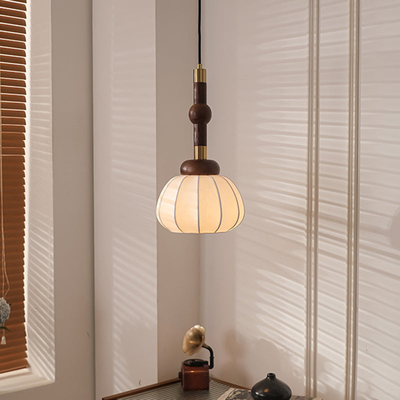 Traditional Vintage Round Oval Ash Wood Silk Aluminum 1-Light Pendant Light For Bedroom