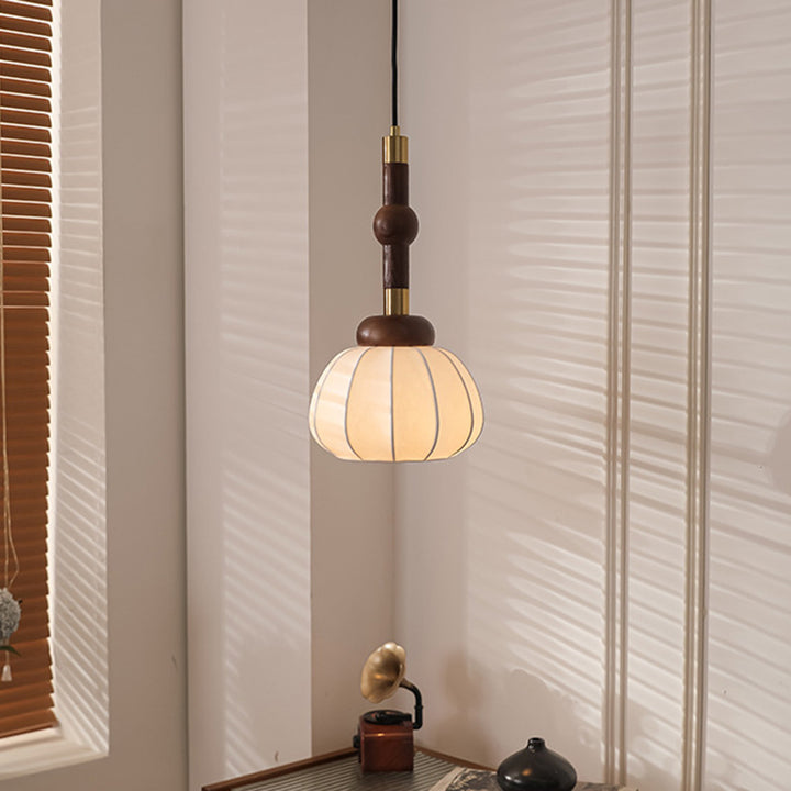 Traditional Vintage Round Oval Ash Wood Silk Aluminum 1-Light Pendant Light For Bedroom