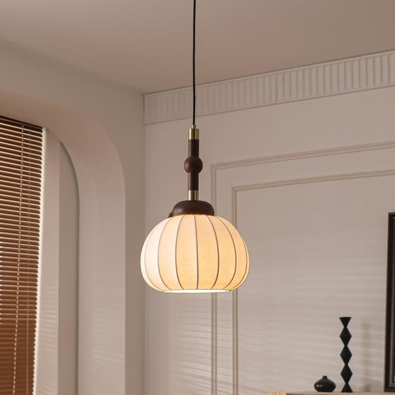 Traditional Vintage Round Oval Ash Wood Silk Aluminum 1-Light Pendant Light For Bedroom