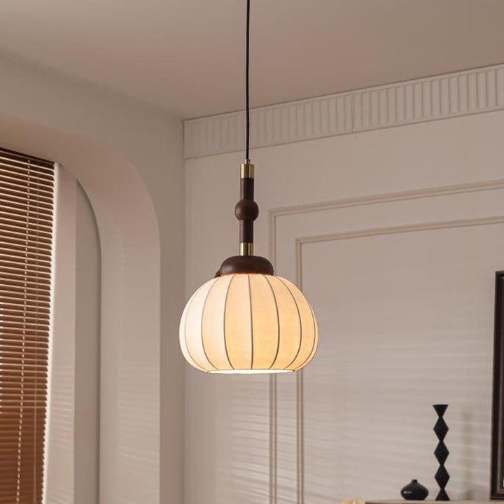 Traditional Vintage Round Oval Ash Wood Silk Aluminum 1-Light Pendant Light For Bedroom