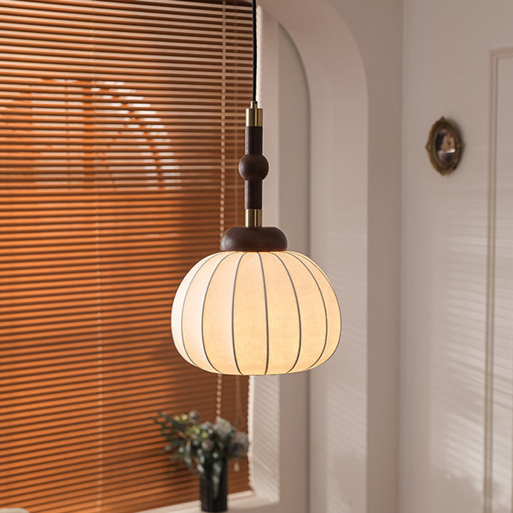 Traditional Vintage Round Oval Ash Wood Silk Aluminum 1-Light Pendant Light For Bedroom