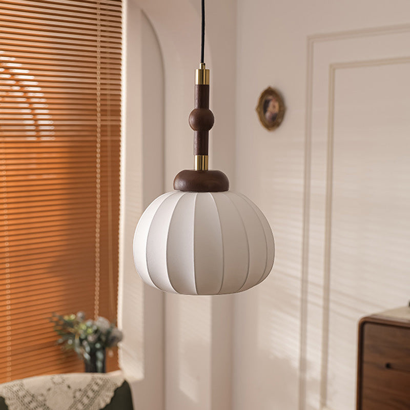 Traditional Vintage Round Oval Ash Wood Silk Aluminum 1-Light Pendant Light For Bedroom