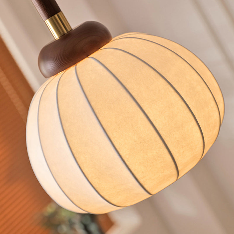 Traditional Vintage Round Oval Ash Wood Silk Aluminum 1-Light Pendant Light For Bedroom