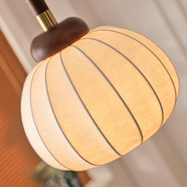 Traditional Vintage Round Oval Ash Wood Silk Aluminum 1-Light Pendant Light For Bedroom