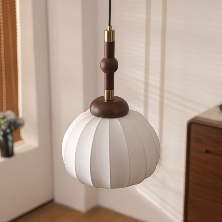 Traditional Vintage Round Oval Ash Wood Silk Aluminum 1-Light Pendant Light For Bedroom