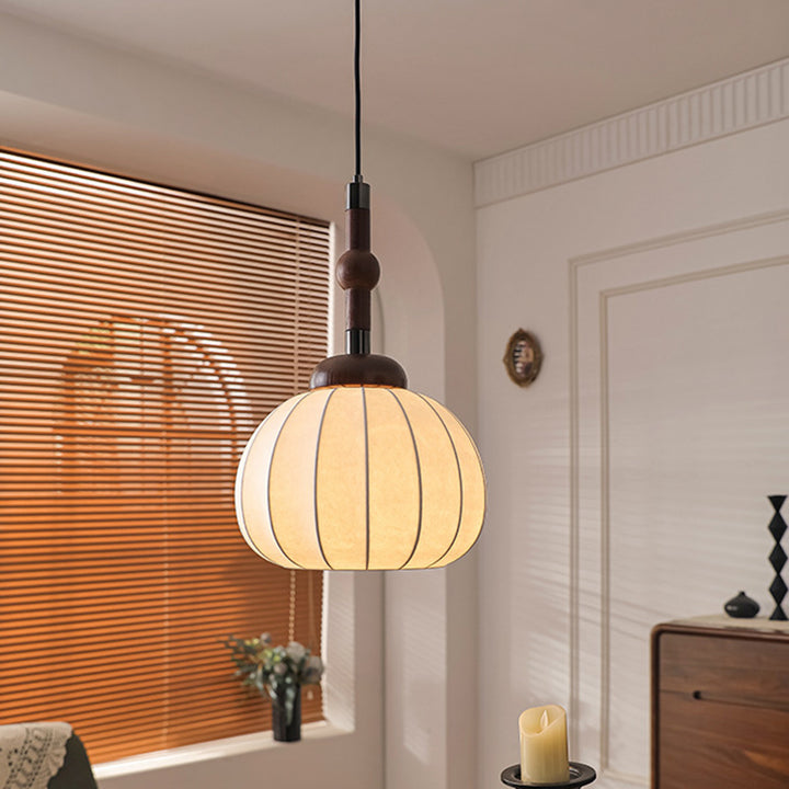 Traditional Vintage Round Oval Ash Wood Silk Aluminum 1-Light Pendant Light For Bedroom