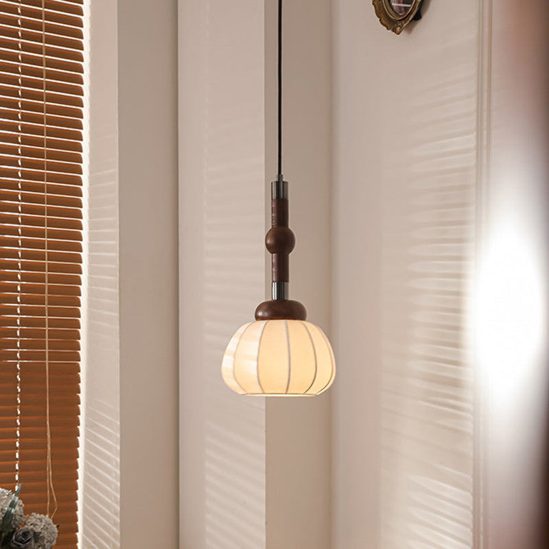 Traditional Vintage Round Oval Ash Wood Silk Aluminum 1-Light Pendant Light For Bedroom
