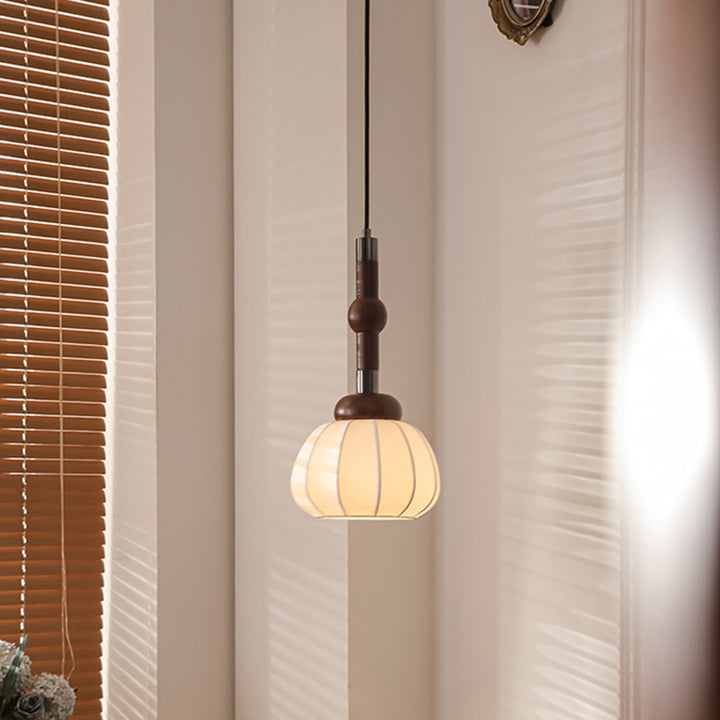 Traditional Vintage Round Oval Ash Wood Silk Aluminum 1-Light Pendant Light For Bedroom