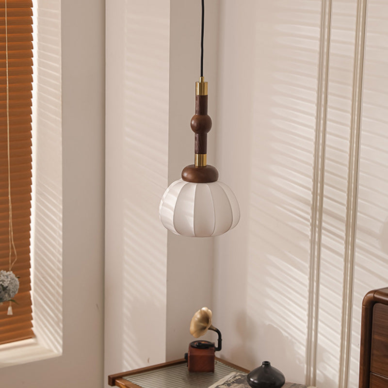 Traditional Vintage Round Oval Ash Wood Silk Aluminum 1-Light Pendant Light For Bedroom