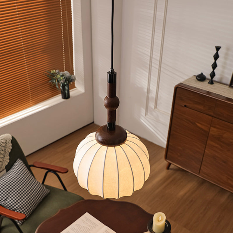 Traditional Vintage Round Oval Ash Wood Silk Aluminum 1-Light Pendant Light For Bedroom