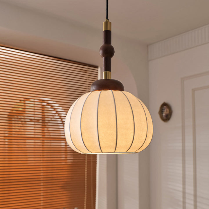 Traditional Vintage Round Oval Ash Wood Silk Aluminum 1-Light Pendant Light For Bedroom