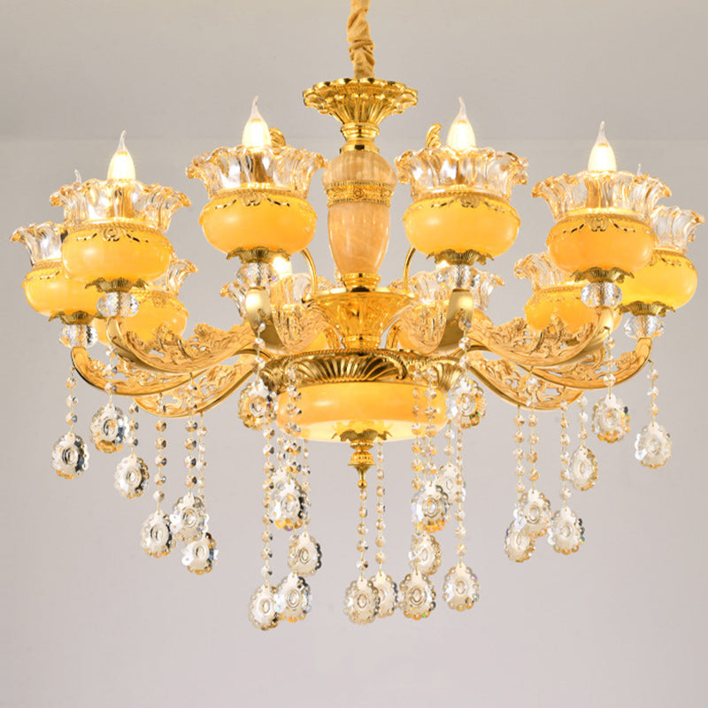 Modern Luxury Tassel Candle Round Gold Jade Crystal 6/8/10 Light Chandelier For Living Room
