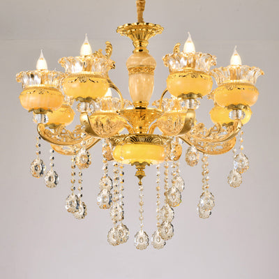 Modern Luxury Tassel Candle Round Gold Jade Crystal 6/8/10 Light Chandelier For Living Room