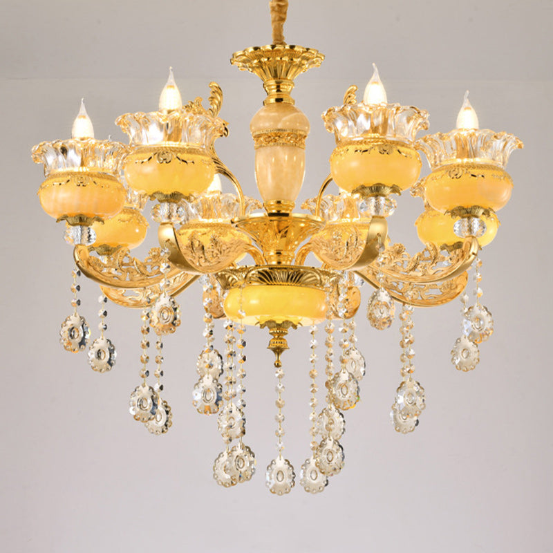 Modern Luxury Tassel Candle Round Gold Jade Crystal 6/8/10 Light Chandelier For Living Room