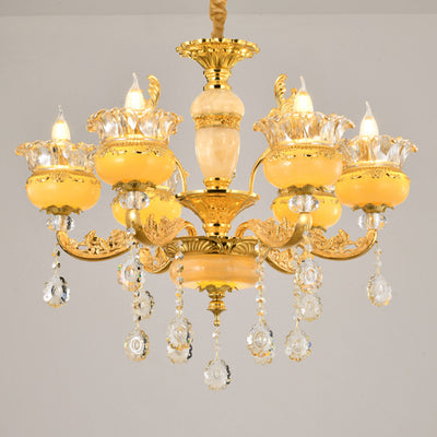 Modern Luxury Tassel Candle Round Gold Jade Crystal 6/8/10 Light Chandelier For Living Room