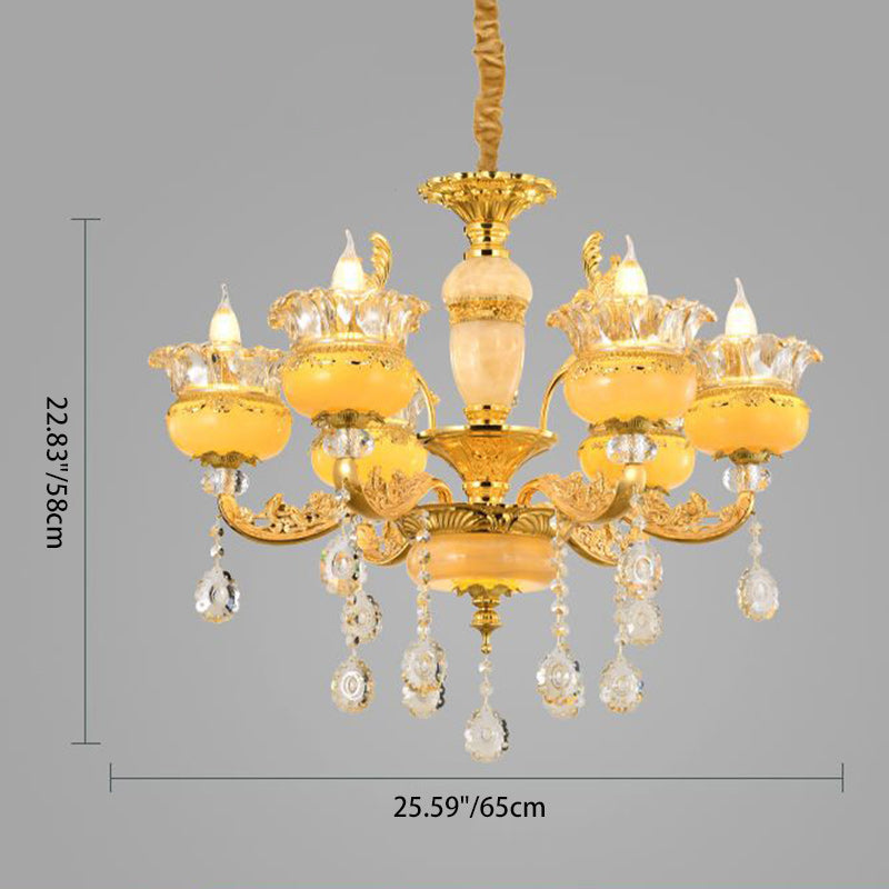 Modern Luxury Tassel Candle Round Gold Jade Crystal 6/8/10 Light Chandelier For Living Room