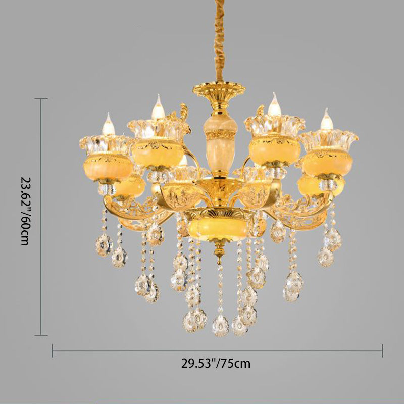 Modern Luxury Tassel Candle Round Gold Jade Crystal 6/8/10 Light Chandelier For Living Room