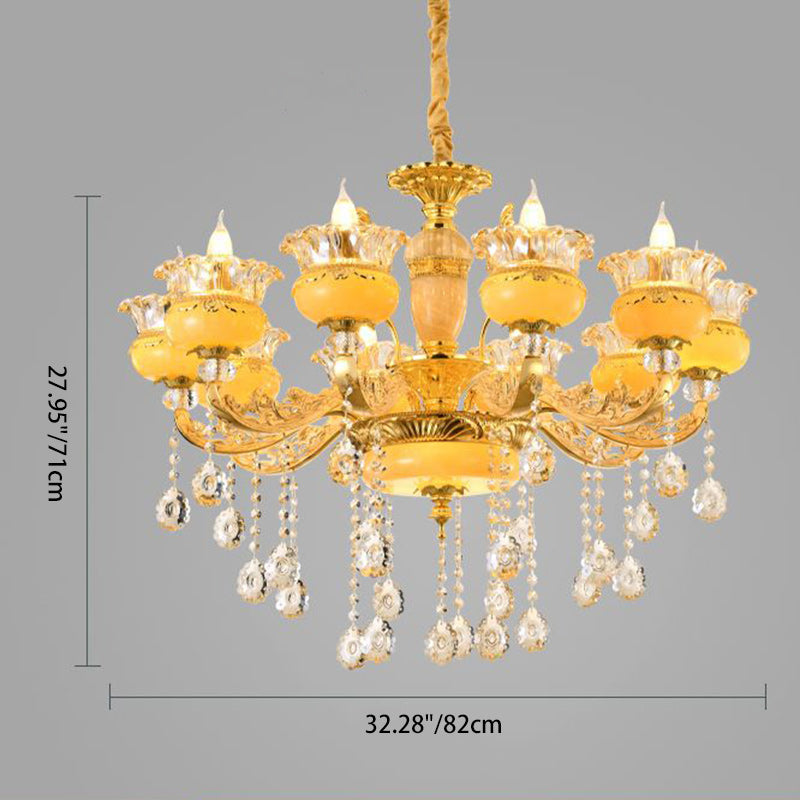 Modern Luxury Tassel Candle Round Gold Jade Crystal 6/8/10 Light Chandelier For Living Room