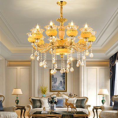 Modern Luxury Tassel Candle Round Gold Jade Crystal 6/8/10 Light Chandelier For Living Room
