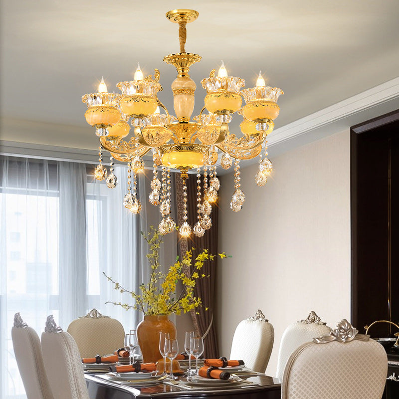 Modern Luxury Tassel Candle Round Gold Jade Crystal 6/8/10 Light Chandelier For Living Room