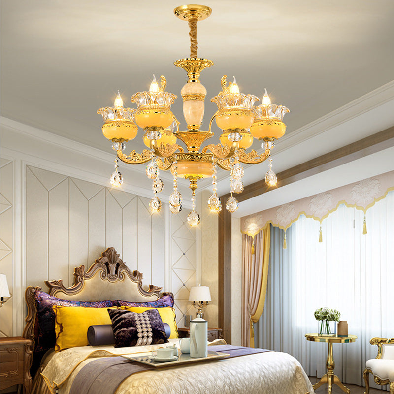 Modern Luxury Tassel Candle Round Gold Jade Crystal 6/8/10 Light Chandelier For Living Room