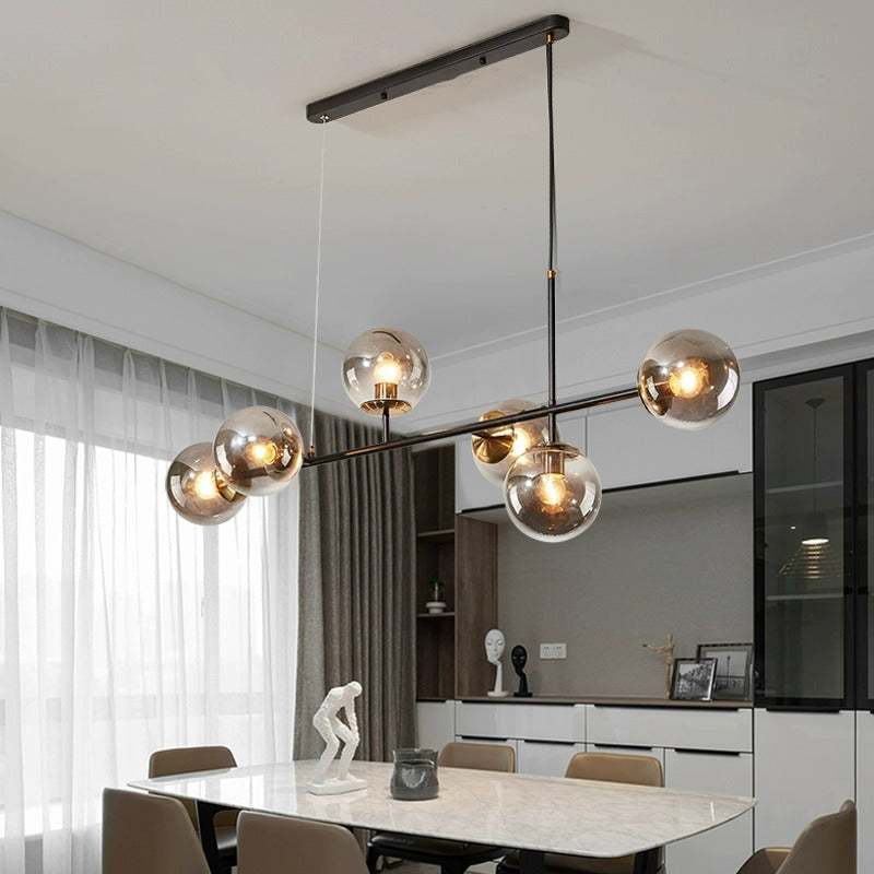 Contemporary Scandinavian Linear Round Orb Iron Glass 6-Light Island Light Chandelier For Dining Room