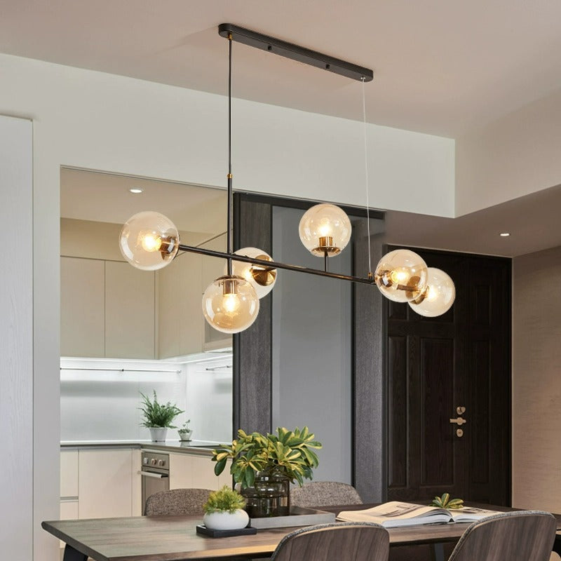 Contemporary Scandinavian Linear Round Orb Iron Glass 6-Light Island Light Chandelier For Dining Room