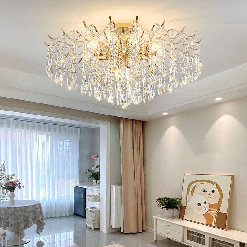 Modern Luxury Tassel Round Iron Crystal 6/10/12/14 Light Semi-Flush Mount Ceiling Light For Living Room