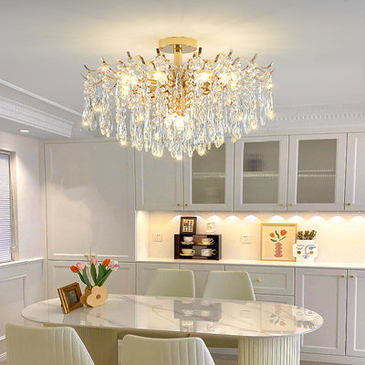 Modern Luxury Tassel Round Iron Crystal 6/10/12/14 Light Semi-Flush Mount Ceiling Light For Living Room