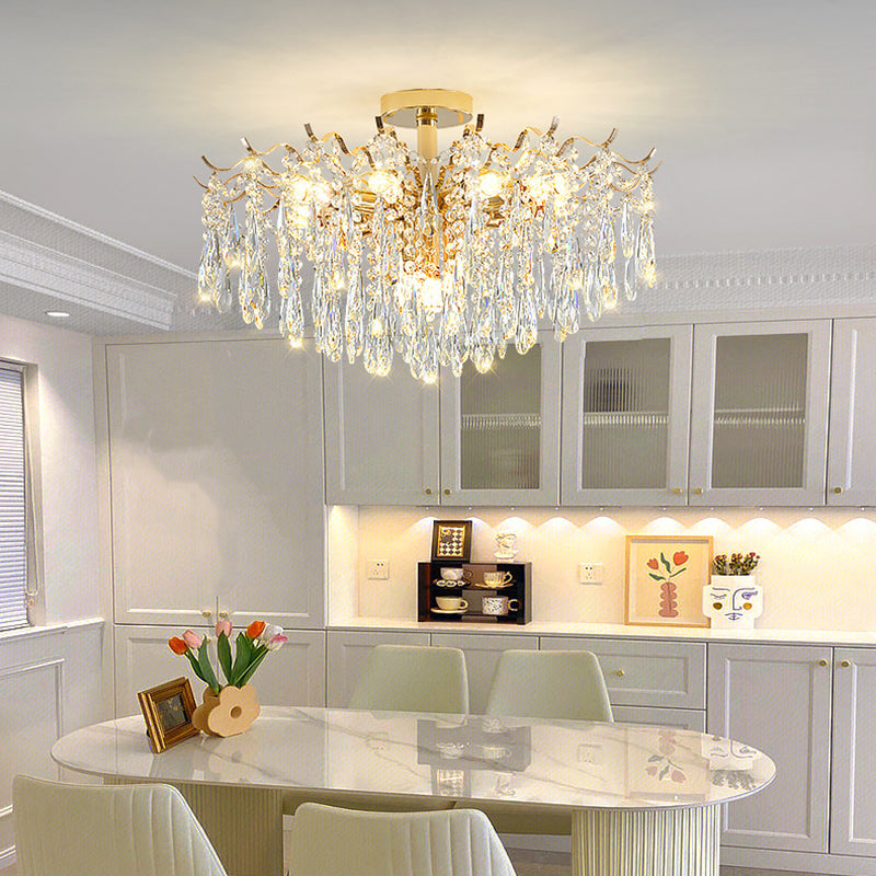Modern Luxury Tassel Round Iron Crystal 6/10/12/14 Light Semi-Flush Mount Ceiling Light For Living Room