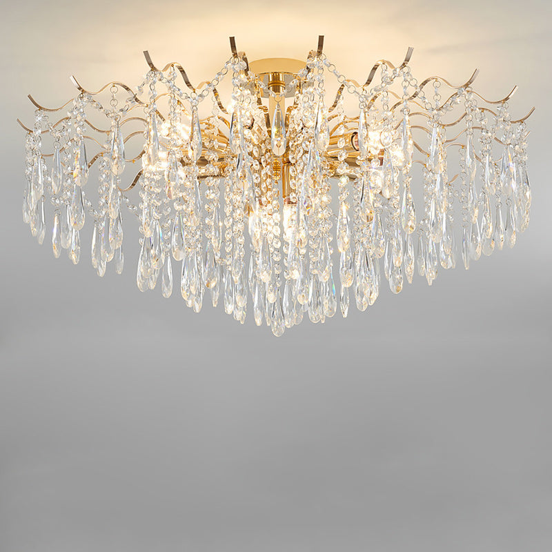 Modern Luxury Tassel Round Iron Crystal 6/10/12/14 Light Semi-Flush Mount Ceiling Light For Living Room