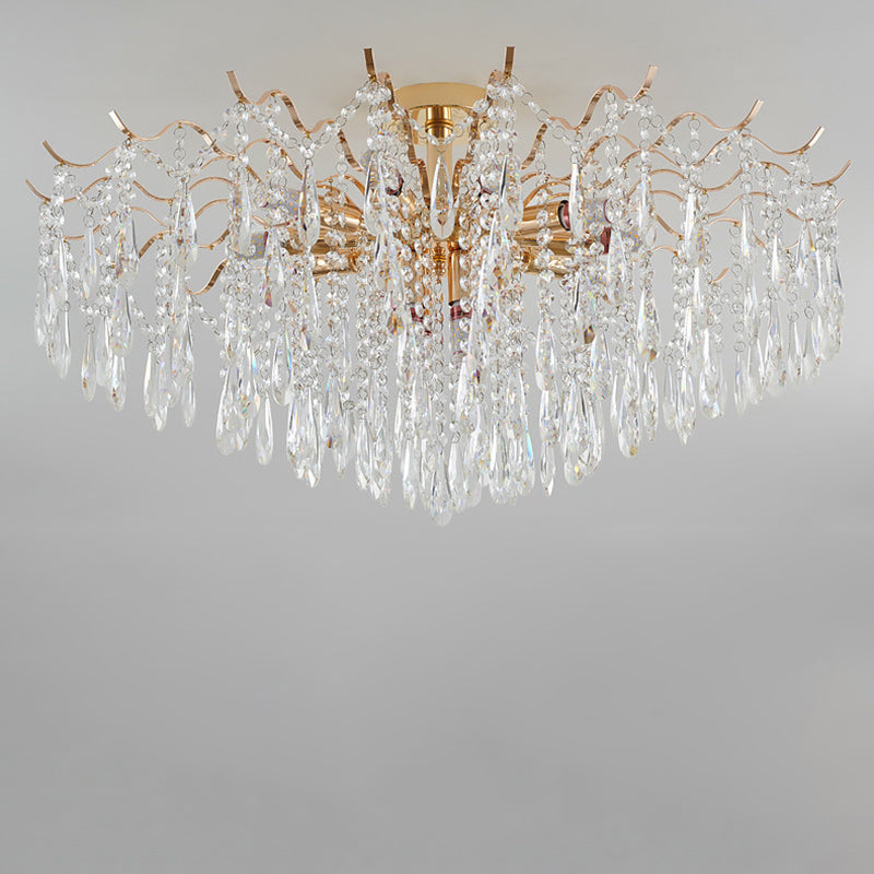 Modern Luxury Tassel Round Iron Crystal 6/10/12/14 Light Semi-Flush Mount Ceiling Light For Living Room