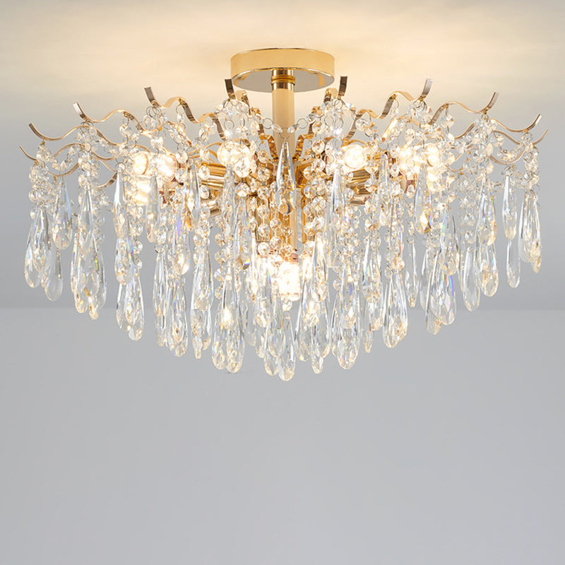 Modern Luxury Tassel Round Iron Crystal 6/10/12/14 Light Semi-Flush Mount Ceiling Light For Living Room
