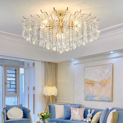 Modern Luxury Tassel Round Iron Crystal 6/10/12/14 Light Semi-Flush Mount Ceiling Light For Living Room