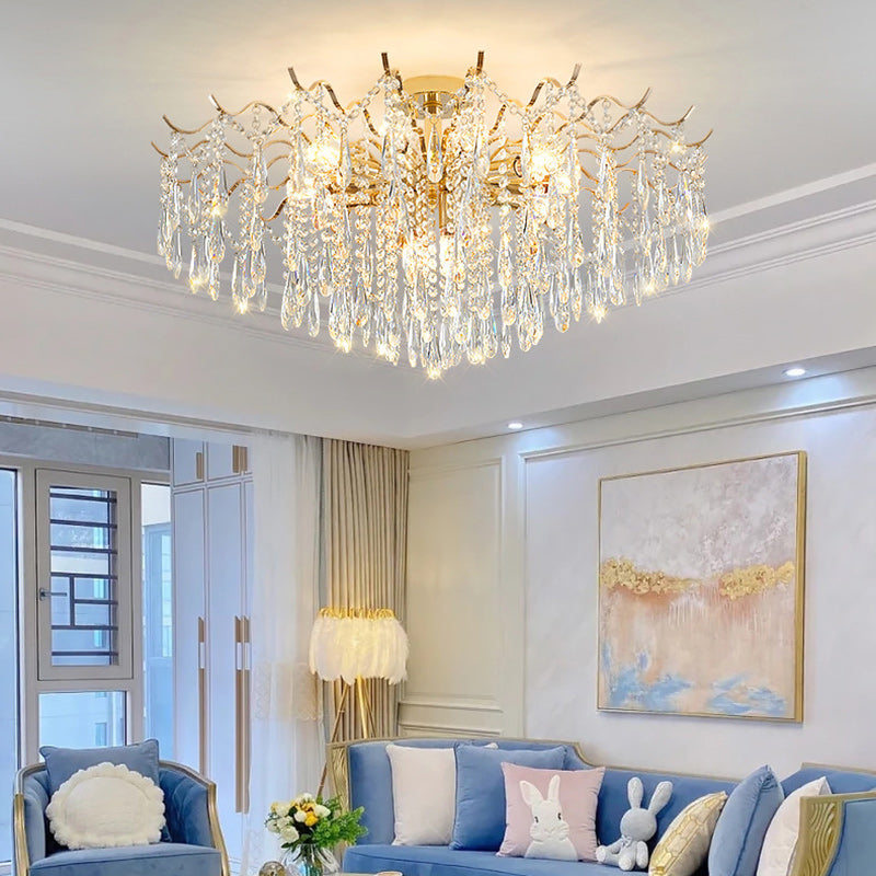Modern Luxury Tassel Round Iron Crystal 6/10/12/14 Light Semi-Flush Mount Ceiling Light For Living Room