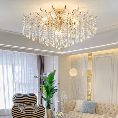 Modern Luxury Tassel Round Iron Crystal 6/10/12/14 Light Semi-Flush Mount Ceiling Light For Living Room